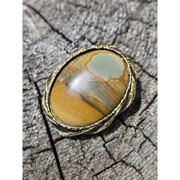 Large Picture Jasper Brooch Pendant Gold Tone Polished Oval Cabochon Brutalist - Picture 2 of 10
